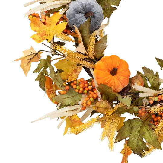 24" Velvet Pumpkins & Wheat Fall Harvest Wreath